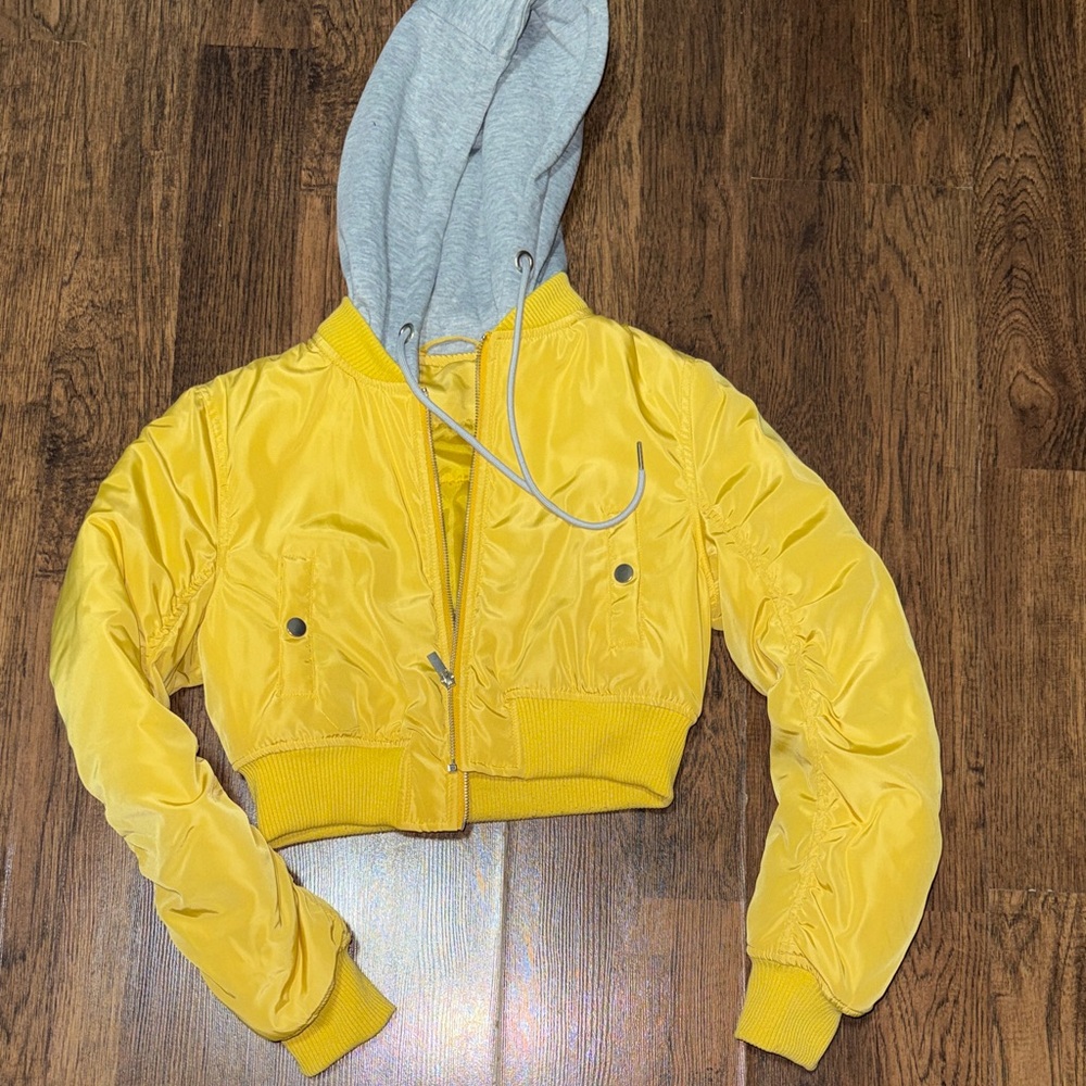 Forever 21 Yellow Bomber Jacket with Gray Hood